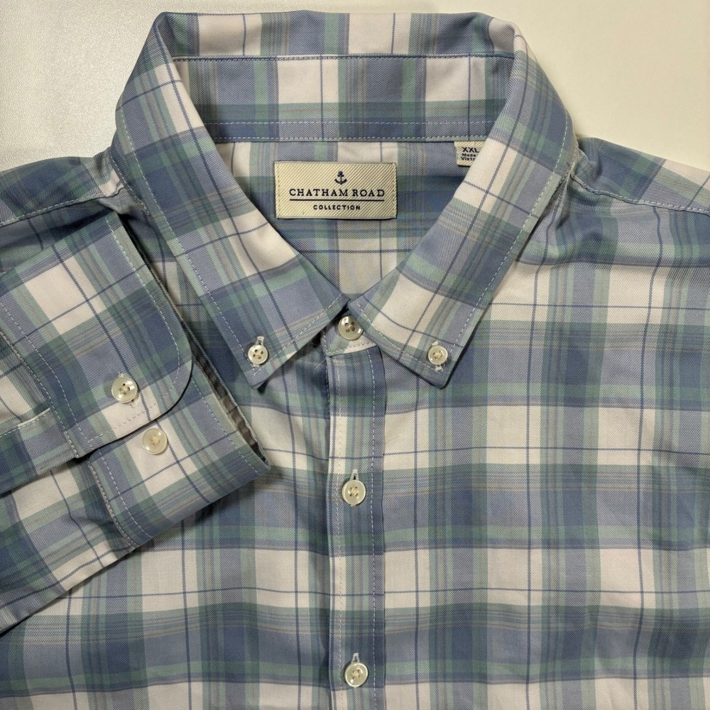 Chatham Road Performance Button Down Shirt XXL Blue Plaid Tencel Stretch Blend